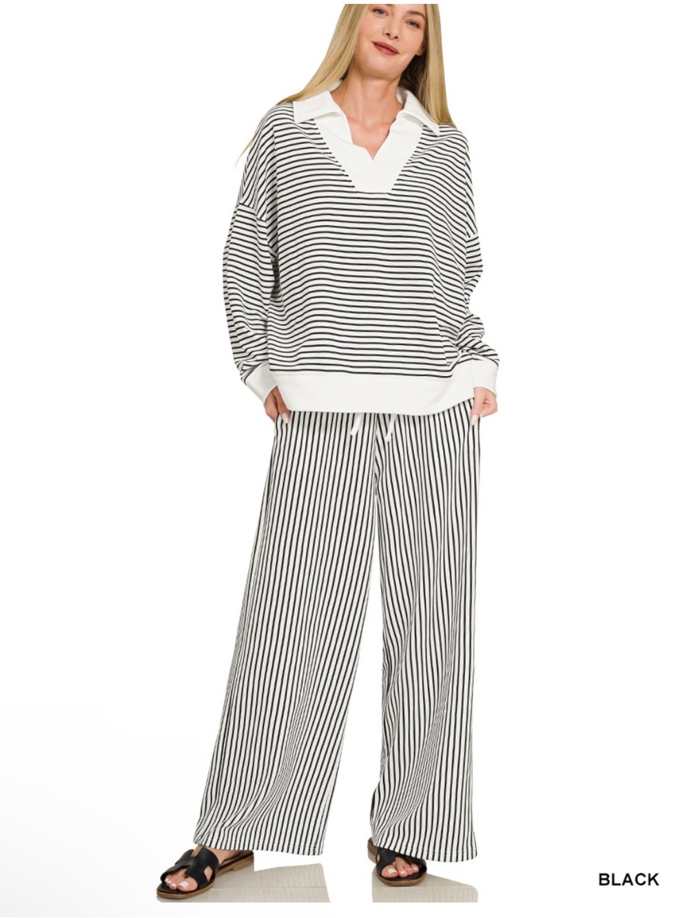 Zenana Women’s Black & White Striped Wide-Leg Pantsuit